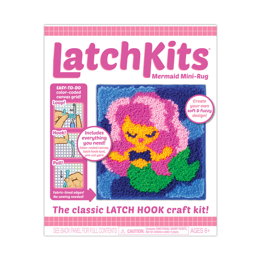 LatchKits Mermaid Mini-Rug latch hook craft kit package showing pink mermaid face with yellow features on blue background, includes color-coded canvas, latch ho