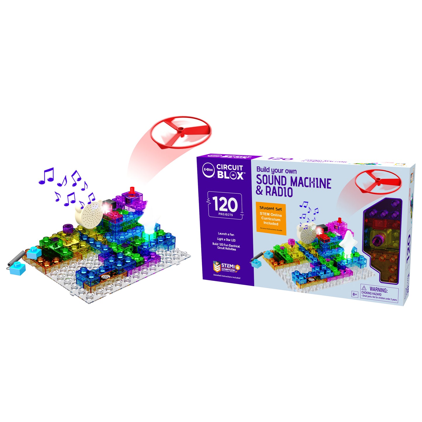 E-Blox Circuit Blox Student Set with 120 STEM projects, colorful circuit blocks, speaker, and red drone