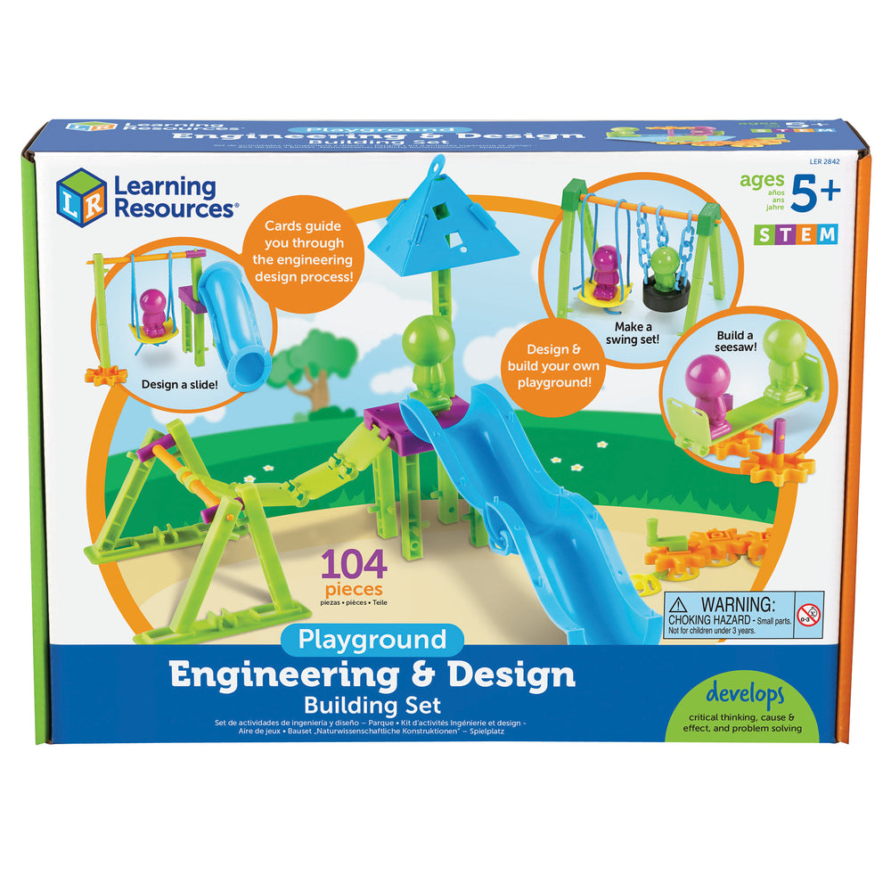 Learning Resources Playground Engineering & Design Building Set with 104 colorful pieces including slide, swing set, and seesaw components for ages 5+