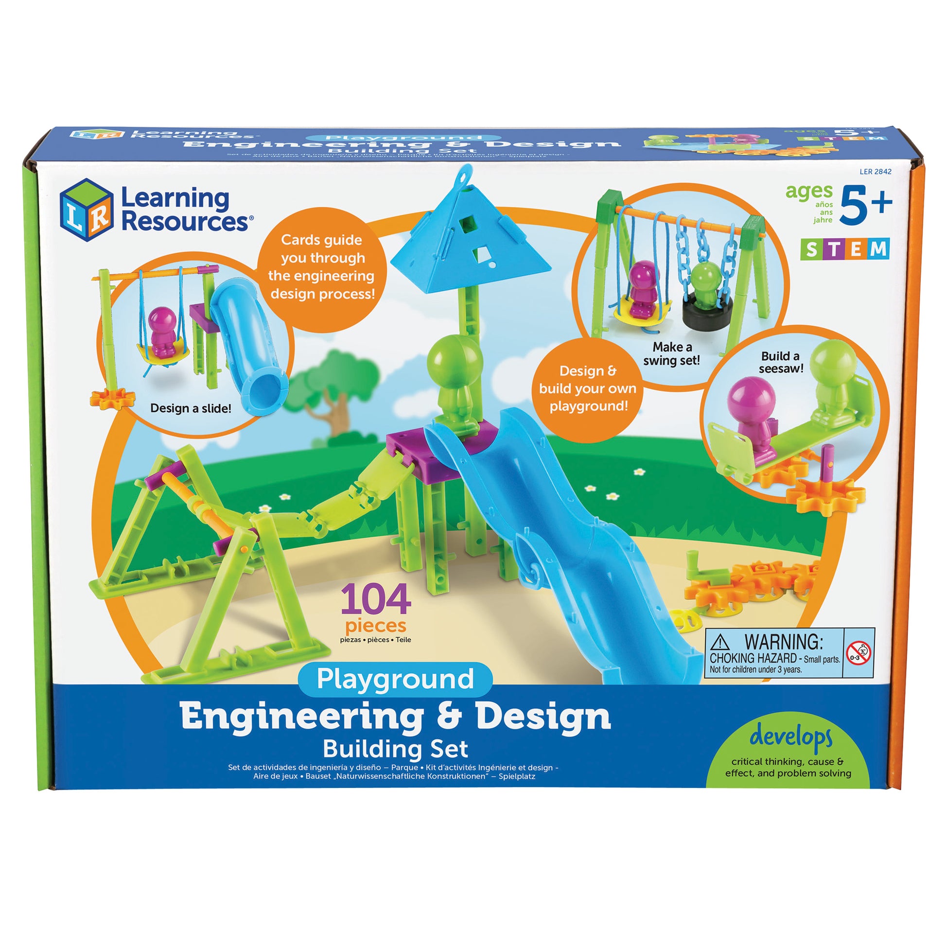 Learning Resources Playground Engineering & Design Building Set with 104 colorful pieces including slide, swing set, and seesaw components for ages 5+