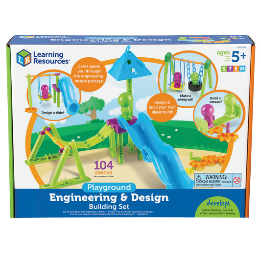 Learning Resources Playground Engineering & Design Building Set with 104 colorful pieces including slide, swing set, and seesaw components for ages 5+