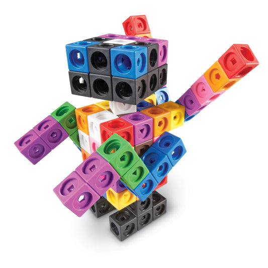 Colorful interlocking cubes in blue, purple, pink, green, yellow, white, and black stacked and arranged in a figure-8 formation