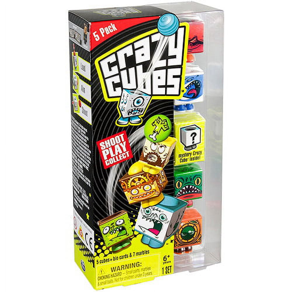 Crazy Cubes 5 Pack Aqua Blast box showing stacked colorful character cubes with expressive faces and a blue mystery cube on top