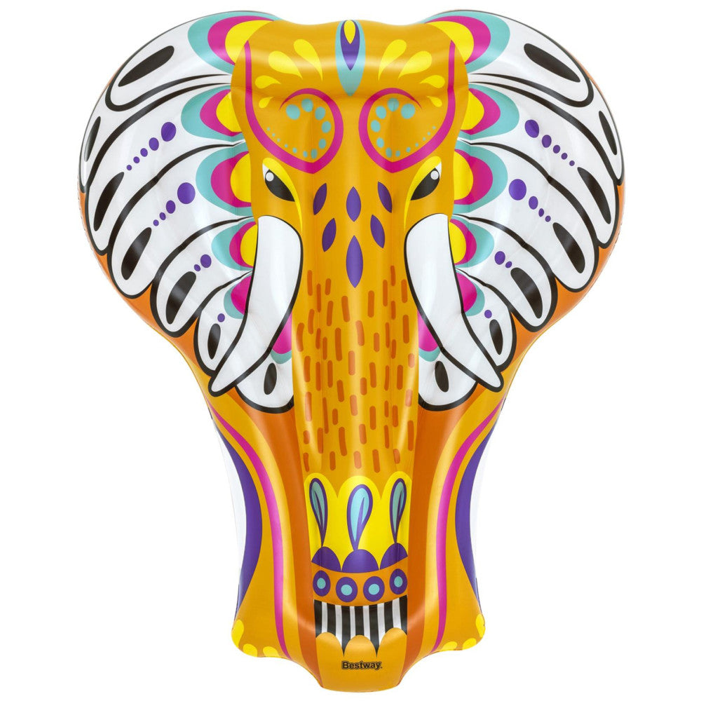 Colorful inflatable pool float shaped like an elephant head with yellow face, white tusks, pink ears, turquoise accents, and decorative purple details