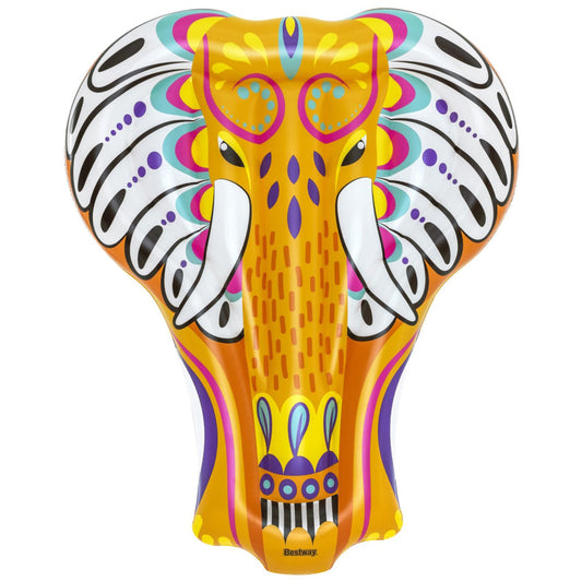 Colorful inflatable pool float shaped like an elephant head with yellow face, white tusks, pink ears, turquoise accents, and decorative purple details