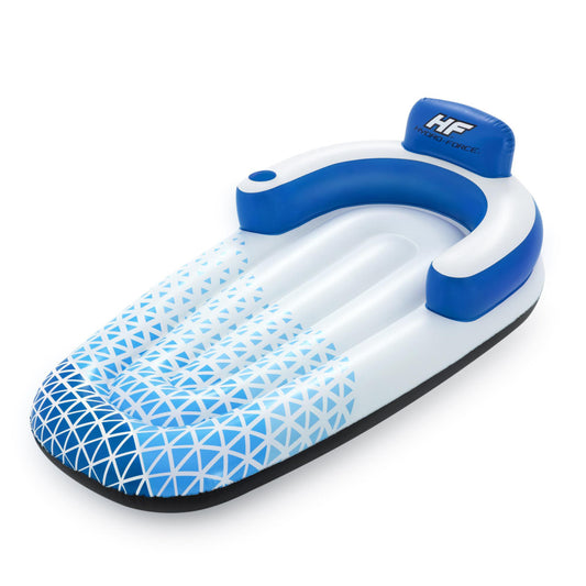Blue and white inflatable pool lounge with geometric triangle pattern, headrest, and black bottom