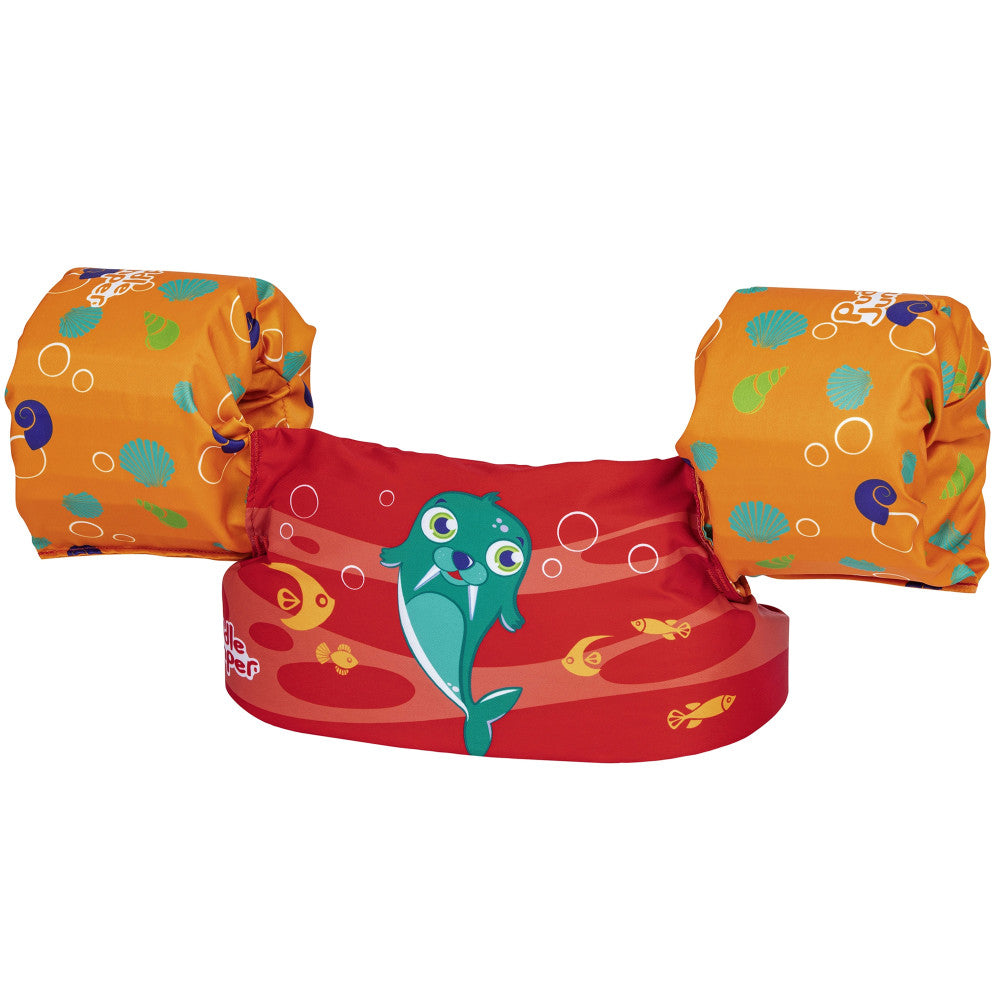Puddle Jumper Kids Deluxe life vest with turquoise walrus character on red center panel and orange side floats with sea-themed print