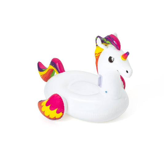 White inflatable unicorn pool float with rainbow mane, tail, and wings in pink, purple, yellow, and orange