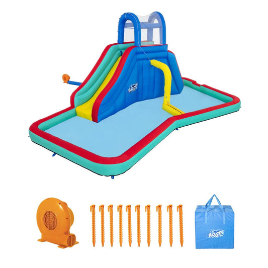 Bestway H2OGO! Waterfall Waves Mega Inflatable Water Park with blue slide, red and teal inflatable pool, yellow and red accents, includes orange air pump, ten o