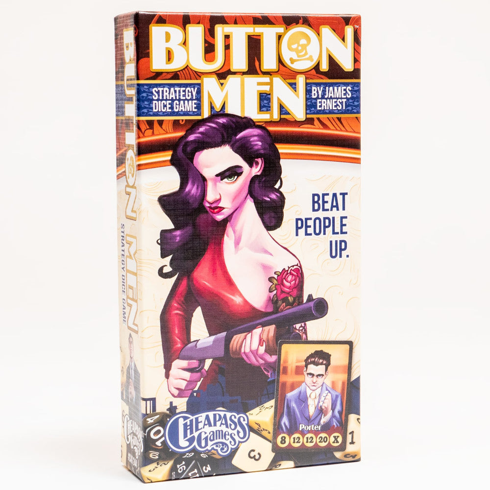 Button Men strategy dice game box featuring illustrated woman with purple hair in red dress holding a gun, with skull logo and game title