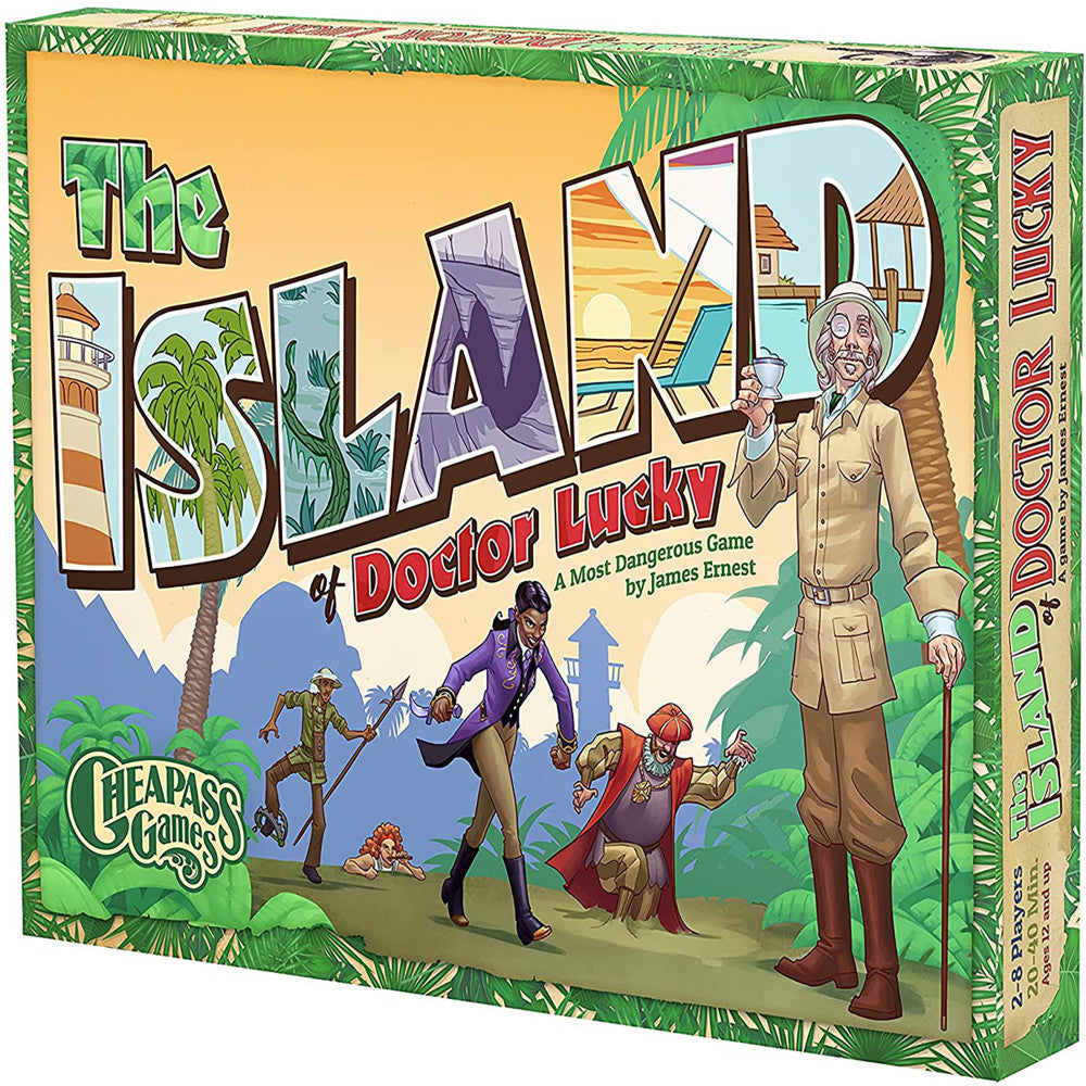 Island of Doctor Lucky board game box featuring tropical island scene with characters in adventure outfits, palm trees, and exotic architecture