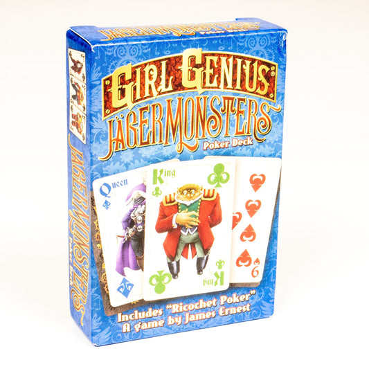 Girl Genius Jagermonsters Poker Deck card game box featuring blue packaging with playing cards displayed showing character illustrations and suit symbols