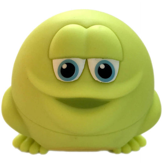 Lime green plush frog character with large blue eyes, blunt bangs, and small feet