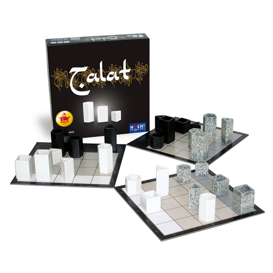Talat 3D Strategy Tower Building Board Game with box, three game boards, and white and speckled gray tower pieces