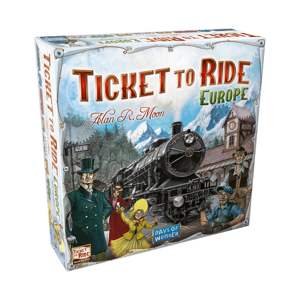 Ticket to Ride Europe board game box featuring a vintage steam locomotive, European landmarks, and illustrated characters in 1900s attire