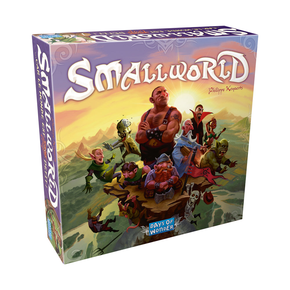 Small World board game box by Days of Wonder featuring fantasy characters and creatures in a colorful landscape with purple sky and golden sunset