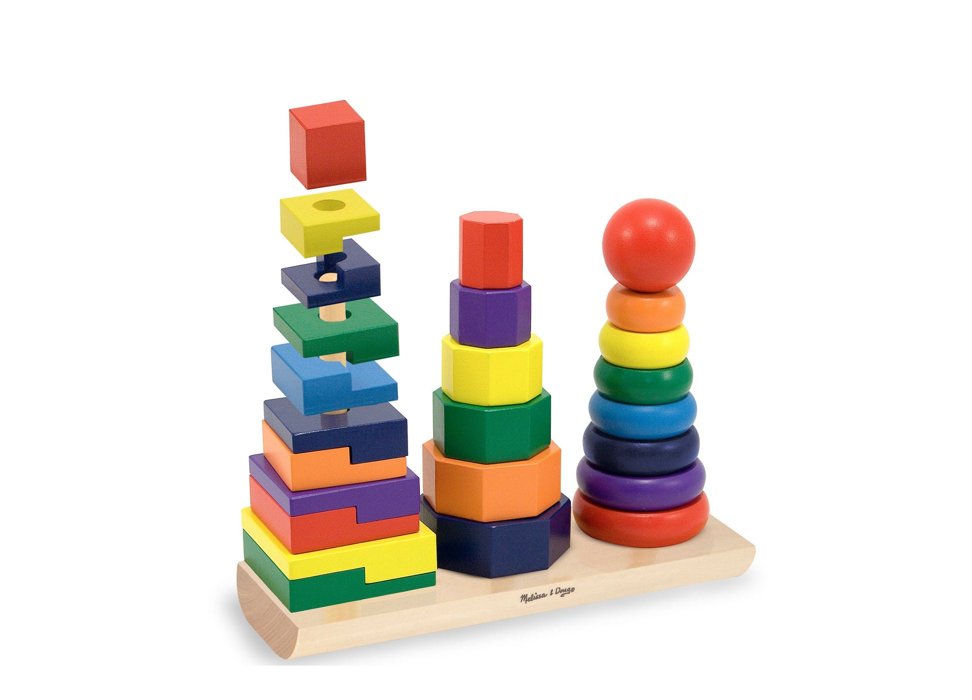 Wooden stacking toy with three towers of colorful shapes on natural base: square blocks stacked left, hexagonal rings in center, circular rings right with red b