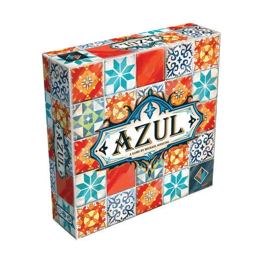 Azul Strategy Board Game box featuring colorful Moroccan tile patterns in red, blue, orange, and white with ornamental designs