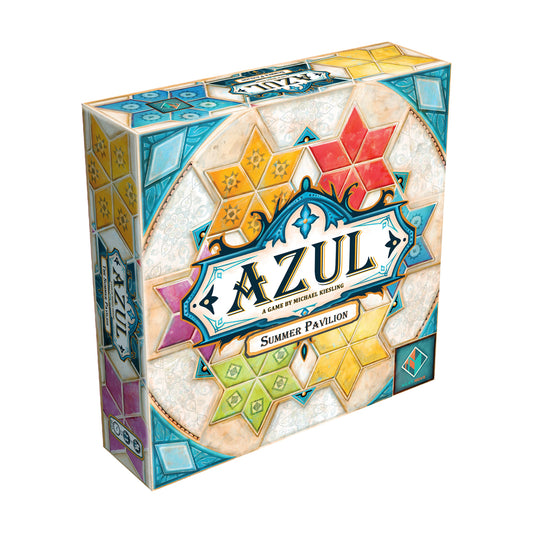Azul Summer Pavilion board game box featuring colorful geometric tile patterns in blue, yellow, red, and green with decorative Islamic-inspired design elements