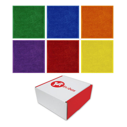 Six vibrant carpet squares in green, blue, orange, purple, red, and yellow displayed above a white and red Limabox storage container with product logo