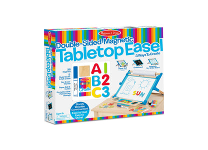 Melissa & Doug Double-Sided Magnetic Tabletop Easel with wooden frame, magnetic board, chalkboard side, chalk sticks, felt eraser, dry-erase marker, magnets, an