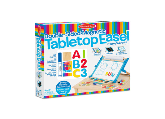 Melissa & Doug Double-Sided Magnetic Tabletop Easel with wooden frame, magnetic board, chalkboard side, chalk sticks, felt eraser, dry-erase marker, magnets, an