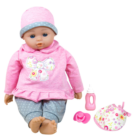 16-inch baby doll with blue eyes and pink outfit featuring a floral bow design, wearing a pink and blue hat, shown with accessories including a bottle, hat, and