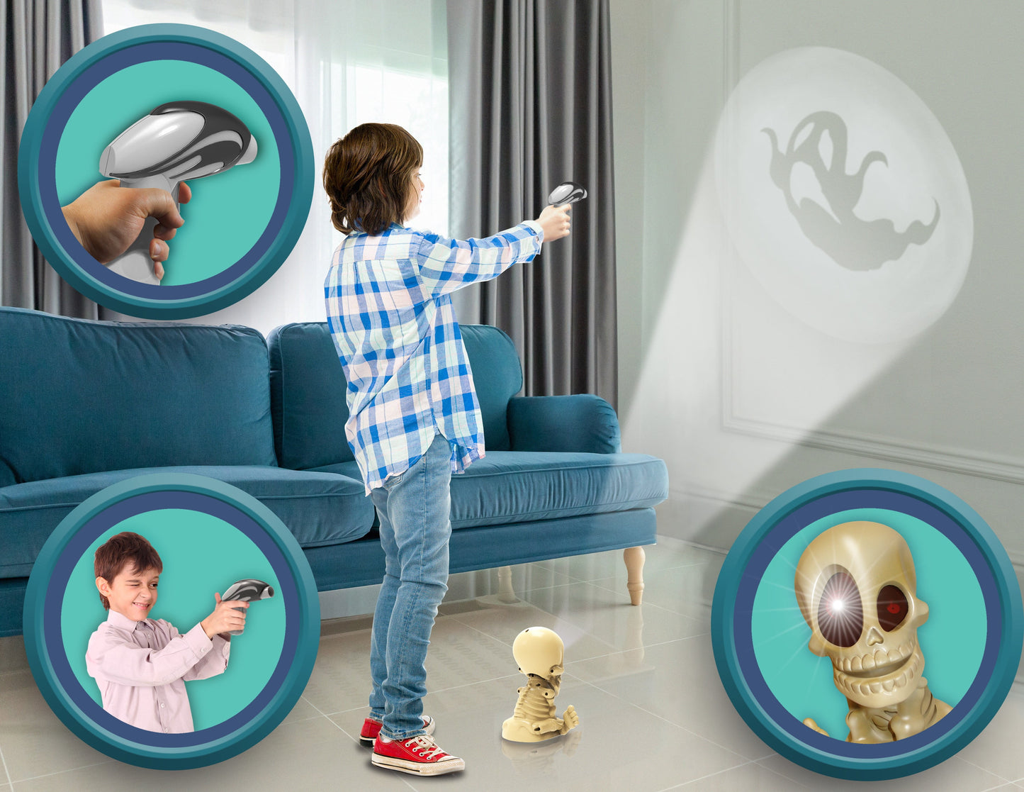 Child modeled by a boy standing on a couch holding a VR-style controller, aiming at turquoise circular targets displaying ghost and skull imagery on a white wal