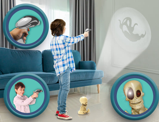 Child modeled by a boy standing on a couch holding a VR-style controller, aiming at turquoise circular targets displaying ghost and skull imagery on a white wal