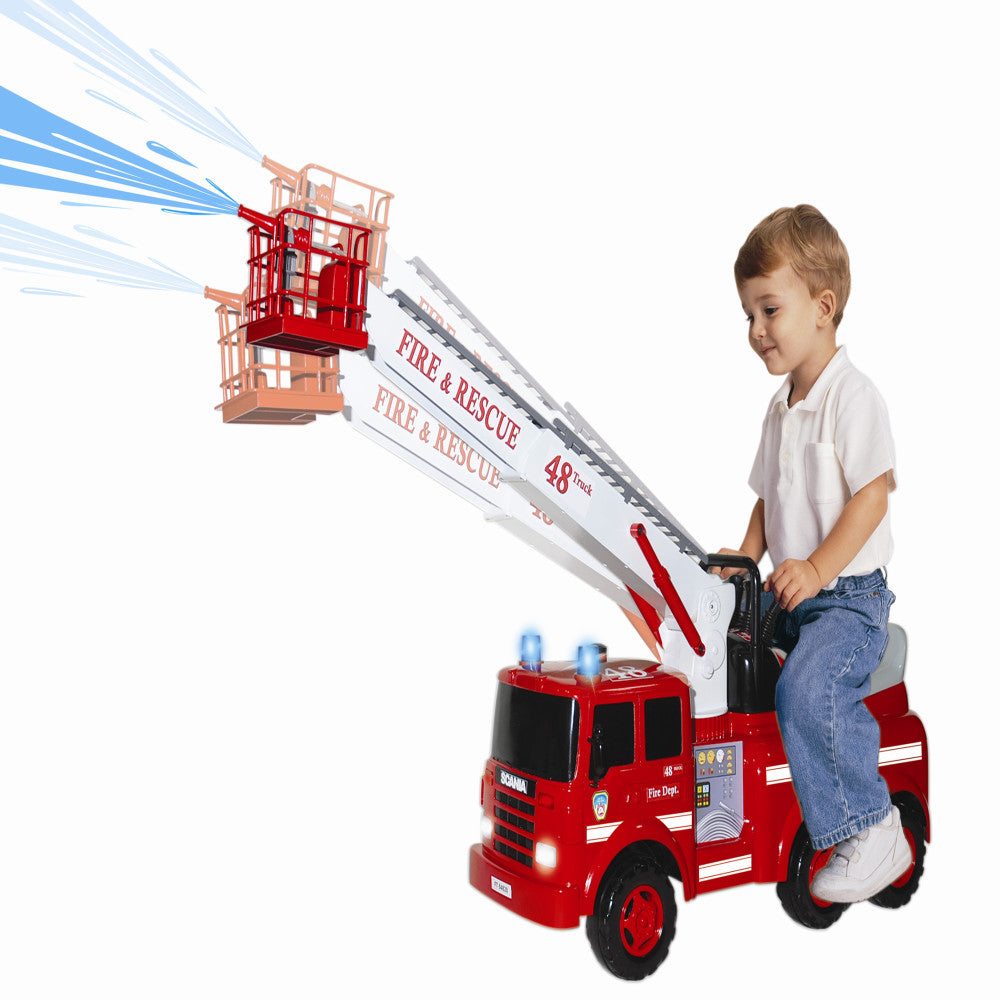 Child on model riding red fire engine toy with extending ladder and water spray feature