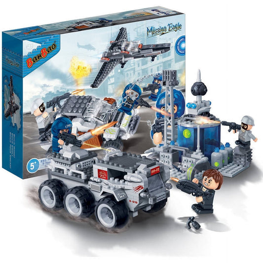 Banbao Mission Eagle building set with gray combat truck, blue tower base, black fighter jet, and minifigures displayed with box