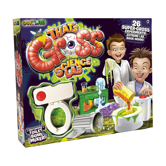 That's Gross Science Lab set with motorized toilet bowl mixer, two children on model conducting experiments, includes 26 super-gross experiments and extreme boo