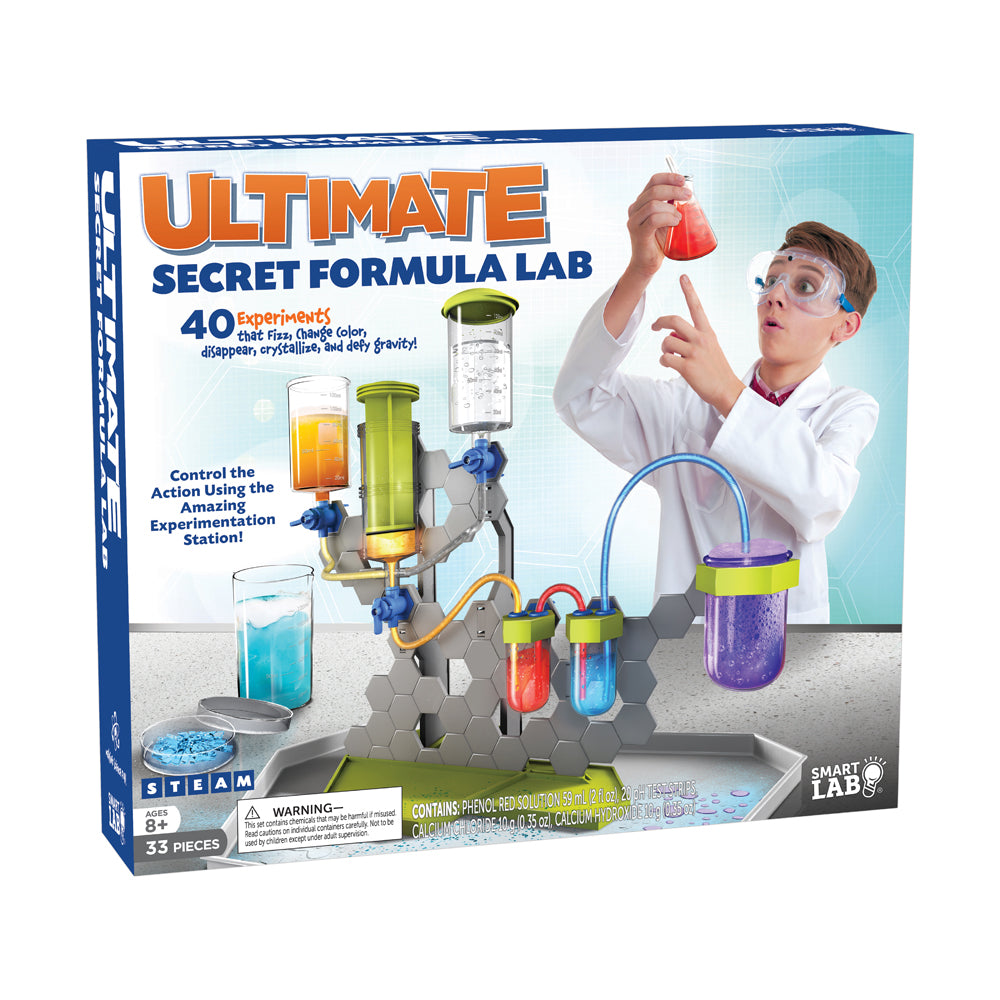 Ultimate Secret Formula Lab kit box showing child modeled scientist conducting experiments with colorful liquid reactions in glass containers and tubes on a bas