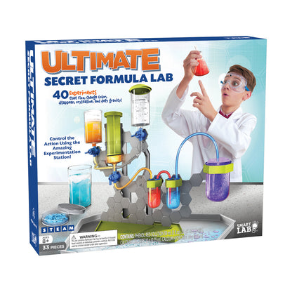 Ultimate Secret Formula Lab kit box showing child modeled scientist conducting experiments with colorful liquid reactions in glass containers and tubes on a bas