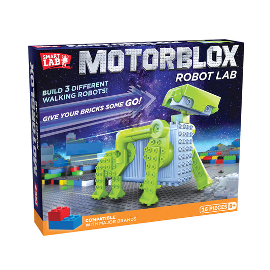 MotorBlox Robot Lab building set box showing a lime green motorized walking robot with gears and white body parts on a brick baseplate