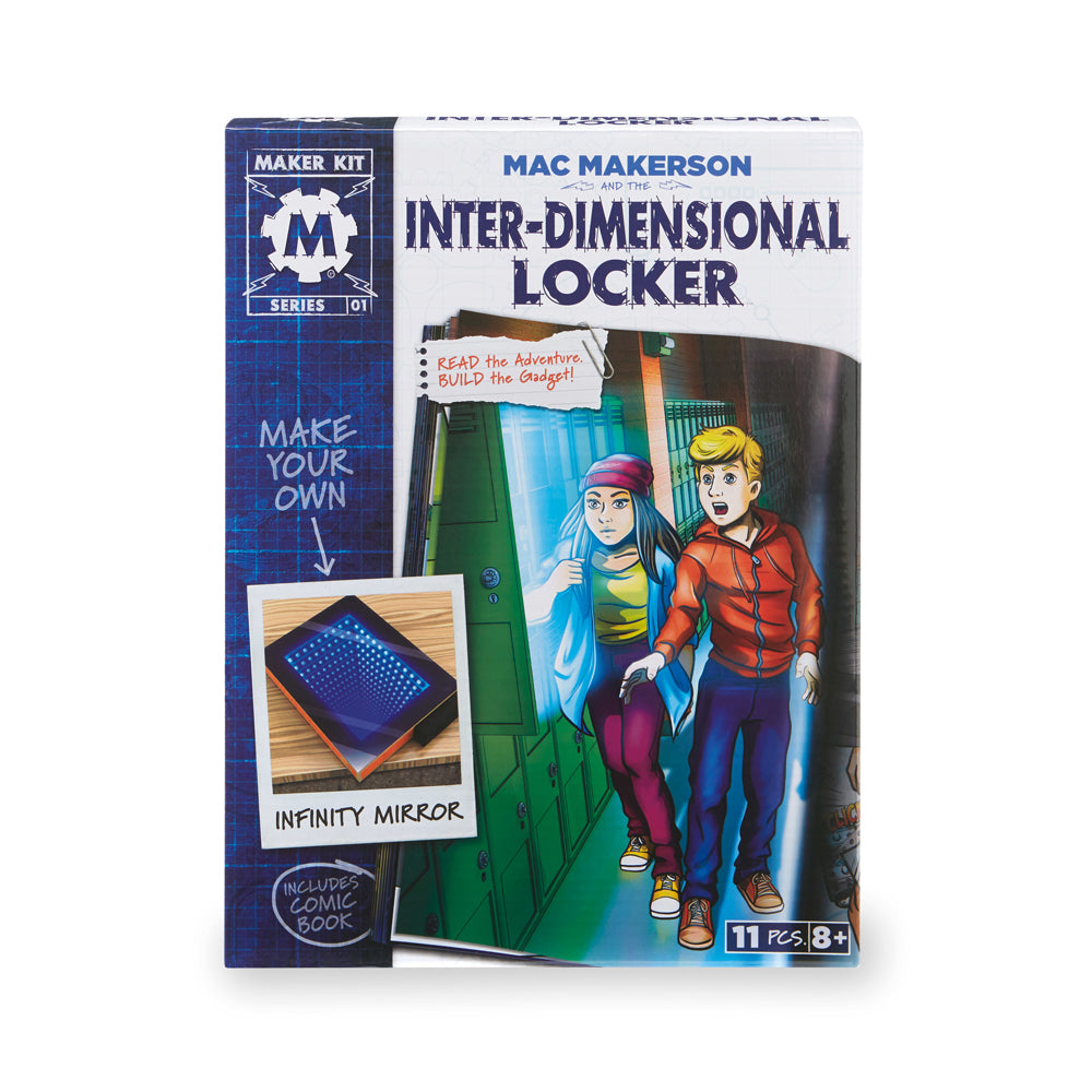 Mac Makerson and the Inter-Dimensional Locker Maker Kit box featuring two illustrated characters in front of a green locker, with blue infinity mirror gadget sh