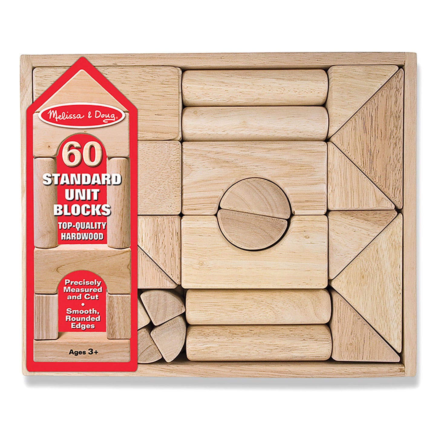 Melissa & Doug 60 Standard Unit Blocks set displayed in wooden box with red label, showing natural hardwood building blocks of various shapes including cylinder