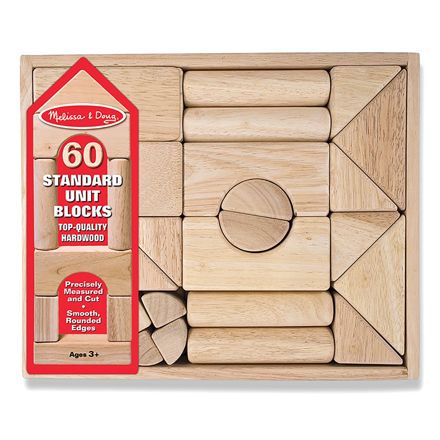 Melissa & Doug 60 Standard Unit Blocks set displayed in wooden box with red label, showing natural hardwood building blocks of various shapes including cylinder