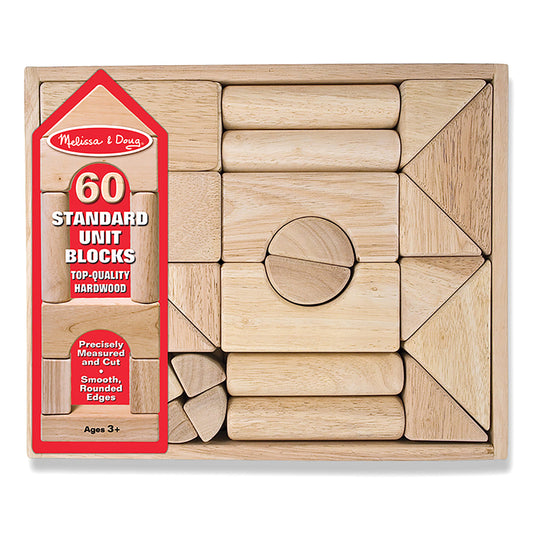 Melissa & Doug 60 Standard Unit Blocks set displayed in wooden box with red label, showing natural hardwood building blocks of various shapes including cylinder
