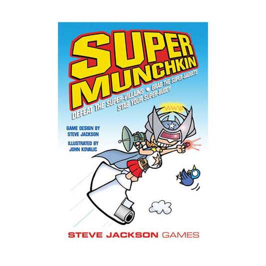 Super Munchkin Card Game box cover featuring cartoon character with laser gun fighting alien, blue sky background, game design by Steve Jackson