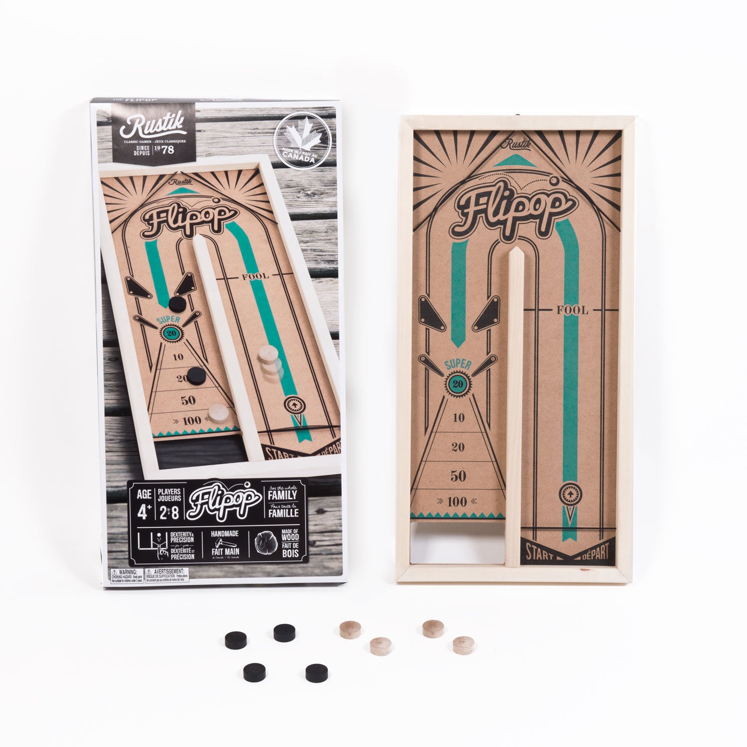 Rustik Flipop wooden tabletop game showing packaged box and wooden board with teal accents, point scoring areas marked 10, 20, 50, 100, and black and natural wo