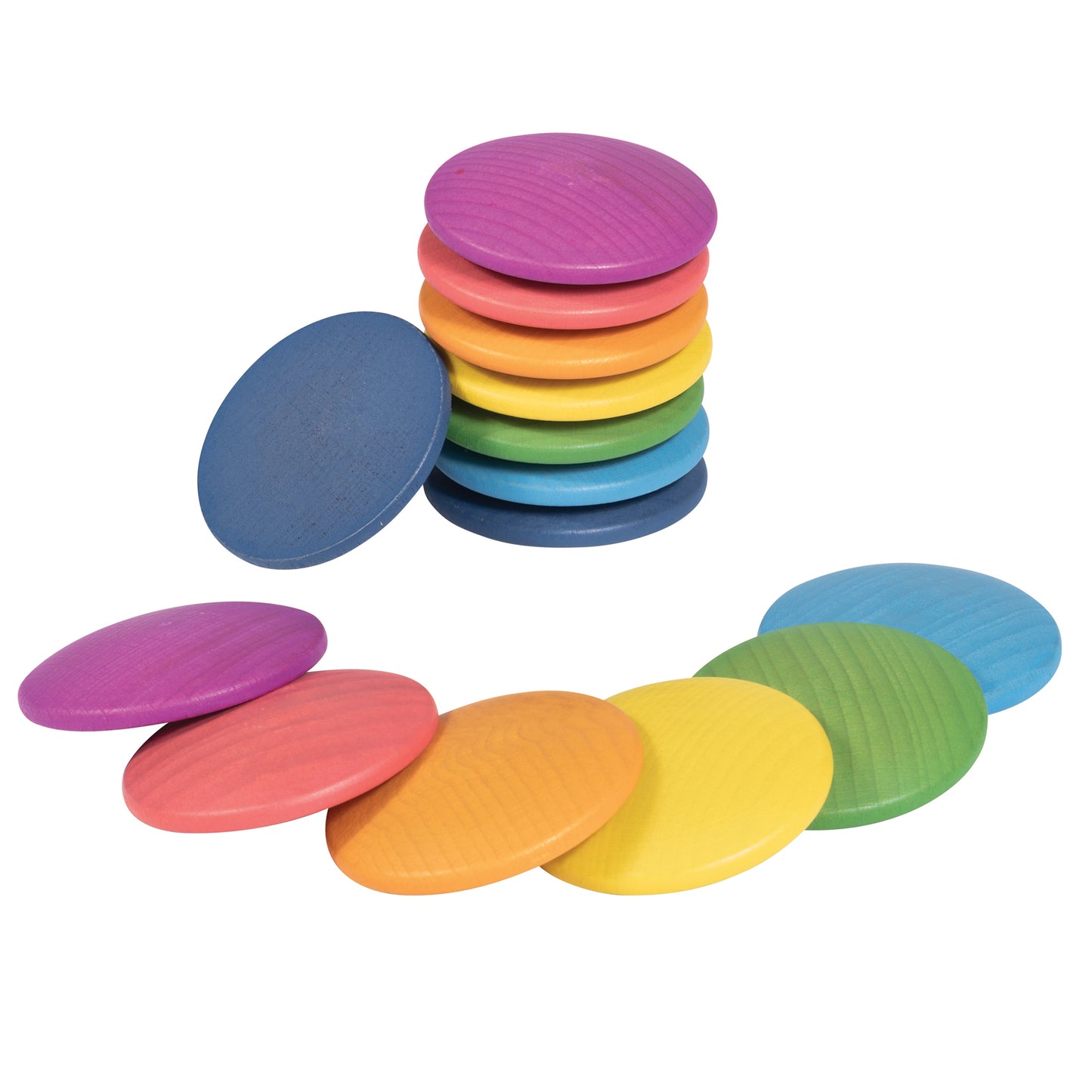 Set of 14 wooden discs in rainbow colors stacked and arranged on white background, showing purple, pink, orange, yellow, green, and blue pieces
