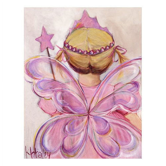 Illustrated fairy princess with blonde hair in pigtails, wearing pink and purple petal-shaped dress with crown and holding pink star wand