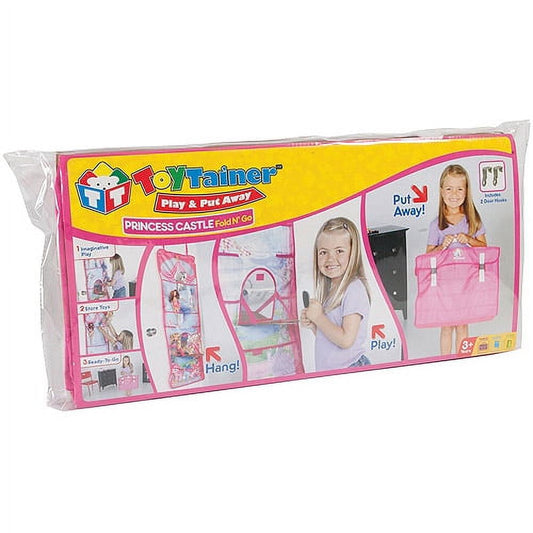 Toytainer Play & Put Away Princess Castle Fold N' Go storage organizer in pink and yellow packaging, modeled by a child showing hanging and storage features