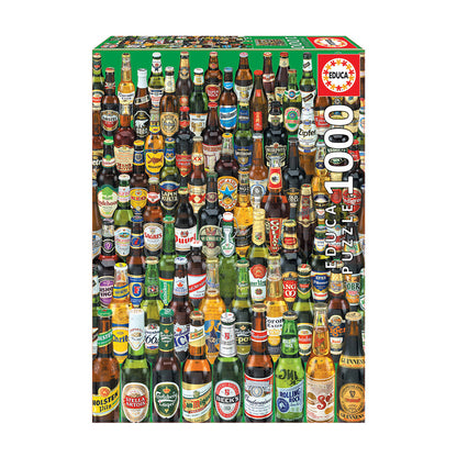 Educa Beers Themed Jigsaw Puzzle 1000 piece box showing hundreds of beer bottles and cans of various brands arranged tightly together