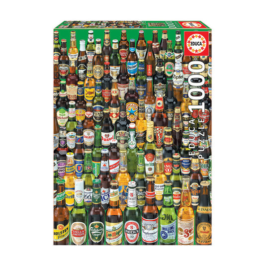 Educa Beers Themed Jigsaw Puzzle 1000 piece box showing hundreds of beer bottles and cans of various brands arranged tightly together