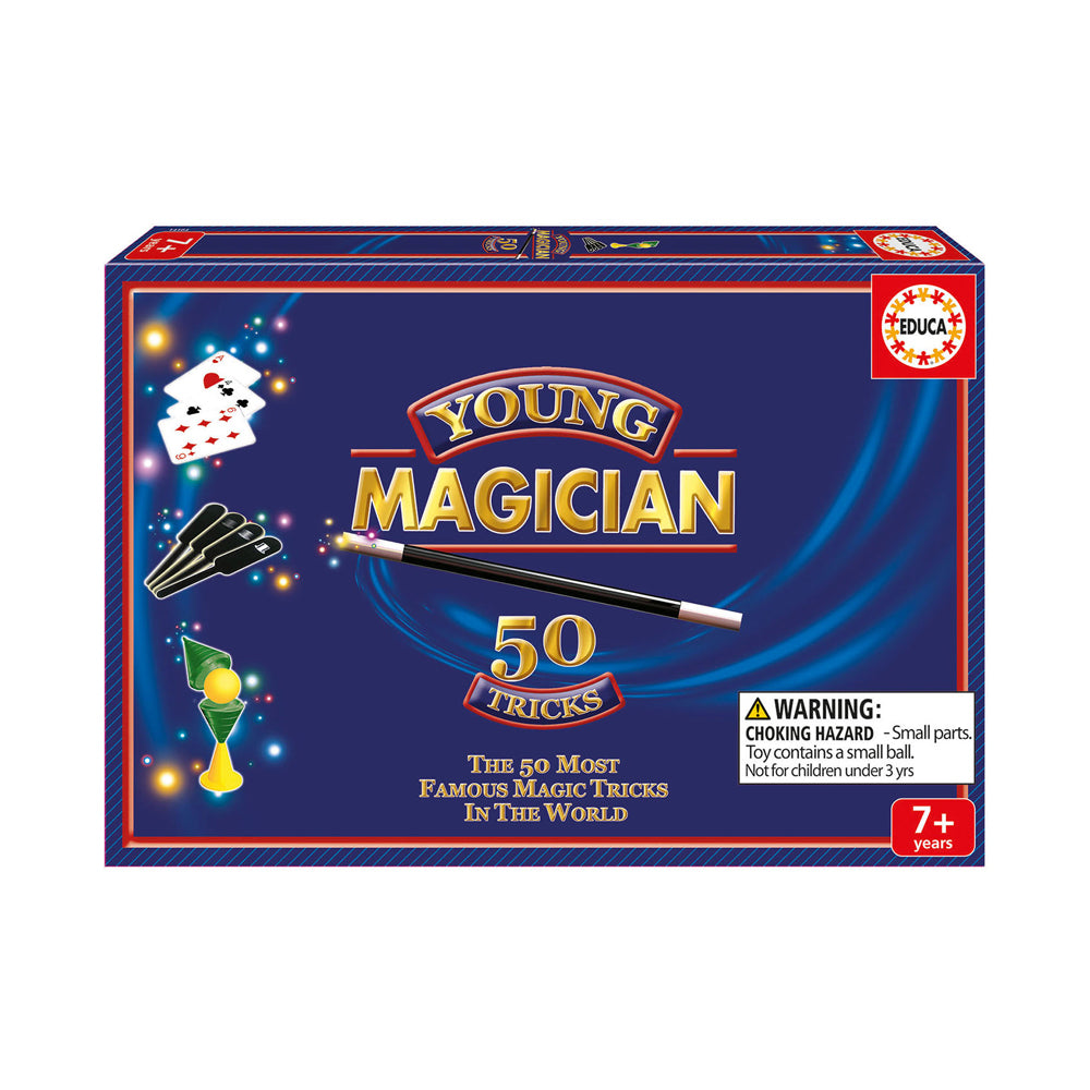 Young Magician 50 Tricks magic set box featuring magic wand, playing cards, and glowing magic props on dark blue background, for ages 7+