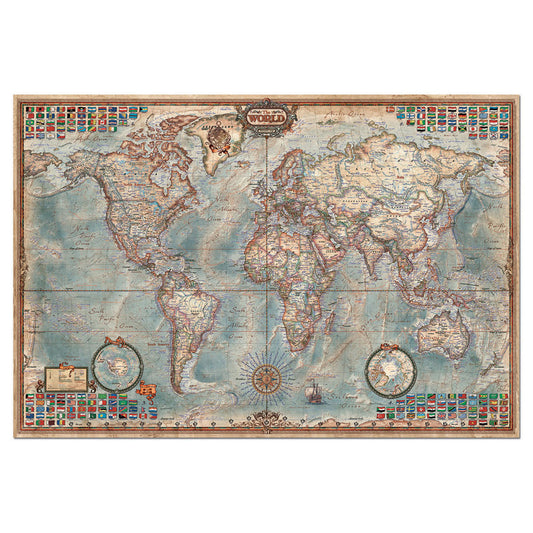 Antique-style world map with colorful country flags bordering the edges, compass rose, and sailing ship illustrations