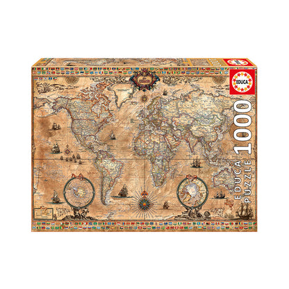 Educa 1000-piece jigsaw puzzle box featuring an antique-style world map with sailing ships, compass roses, and decorative border with international flags