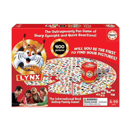 Lynx Board Game box featuring cartoon lynx mascot, game board with 400 pictures, spinner, and family playing on red background